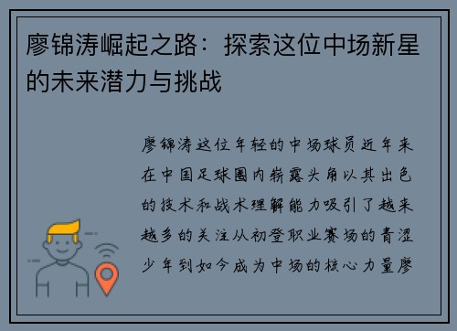 廖锦涛崛起之路：探索这位中场新星的未来潜力与挑战